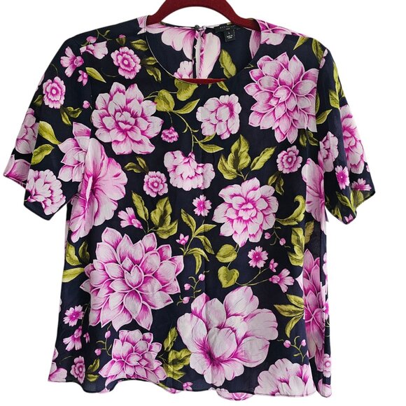 Ann Taylor Silk Navy Blue  Floral Pink Maximalism Bold Print Scoop Neck Top - Picture 1 of 6